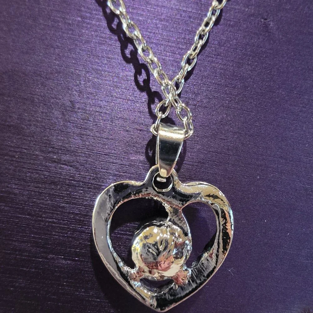 Silver-tone Light Blue Solitaire Stone Open Heart Pendant Silver Chain Necklace